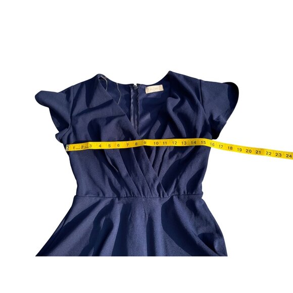Navy Blue Fit & Flare Dress With Flutter Sleeves & Back Zipper Closure - Picture 5 of 6